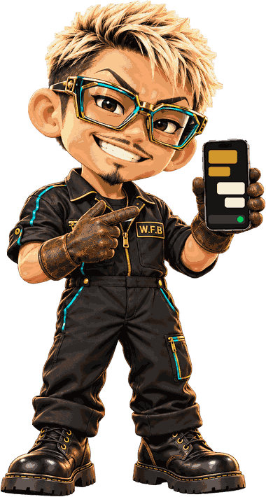 スマートフォンのトーク画面を見せている森田将之のキャラクター