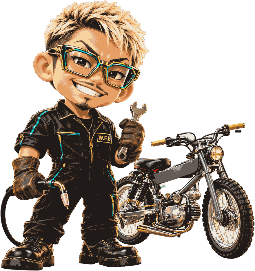 金髪に大きなサングラス、黒い作業着でレンチと溶接トーチを持つビルダー森田将之のキャラクターと、細いフレームのカスタムカブ